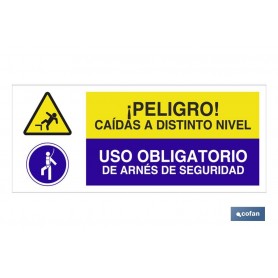 ▷ Señal PELIGRO CAIDAS A DISTINTO NIVEL USO OBLIGATORIO DE ARNES DE SEGURIDAD | Ferreidea