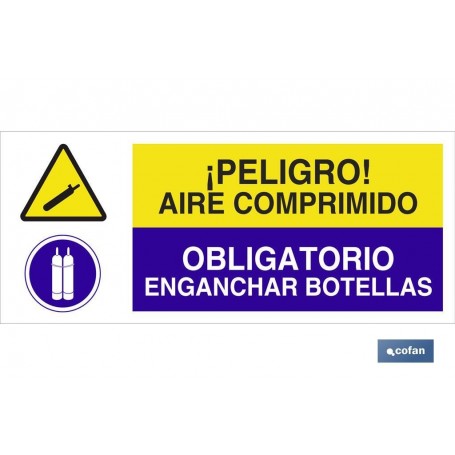 ▷ Cartel PELIGRO AIRE COMPRIMIDO - OBLIGATORIO ENGANCHAR BOTELLAS | Ferreidea