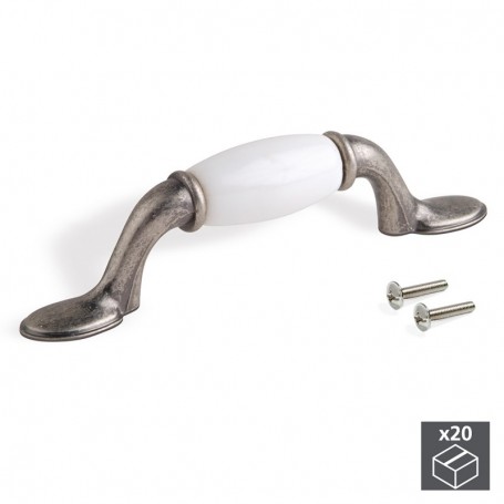 Comprar Tiradores para mueble intereje 76 mm Zamak y cerámica Plata vieja 20 ud. al Mejor Precio