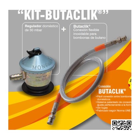 Comprar Kit Regulador Domestico De 30 Mbar Botella Butano Con Butaclick Inox. L  1500 Mm Conex. Boquilla 12-14 Mm. Ambos Extremo