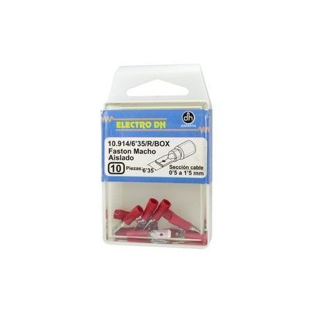 ▷ Caja 10 Faston Macho Aislado 6.35 Rojo - Pack 5 uds