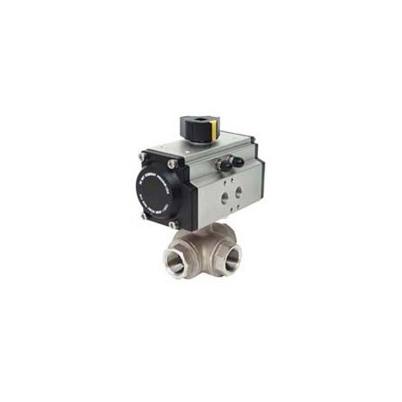 Válvula bola 3 vías Inox. paso L 3/4" con actuador neumático de doble efecto