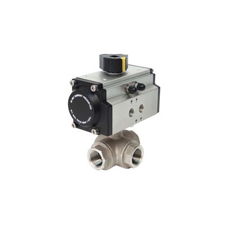Válvula bola 3 vías Inox. paso T 1/2" con actuador neumático de doble efecto