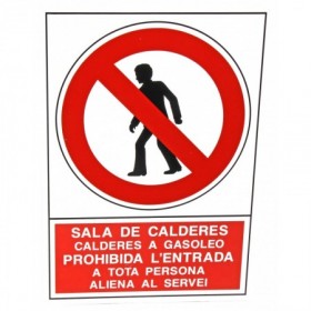 Letrero sala de calderas a gasoil en catalán