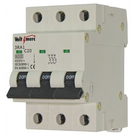 Interruptor magnetotérmico 3P 20A 6kA VOLTIMERC 3RA1