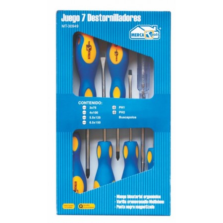 Juego 7 uds Destornilladores con mango antideslizante y punta magnética MERCATOOLS