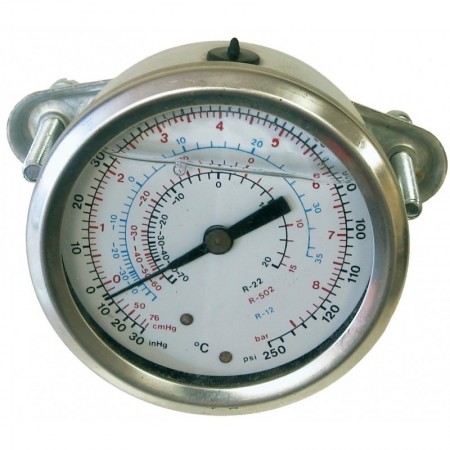 Manómetro de glicerina horizontal de alta con puente para R134a.R404A y R407C Ø63mm