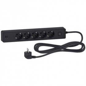 Base 5 enchufes schuko TT + 2 tomas USB con cable 3m antracita SCHNEIDER UNICA