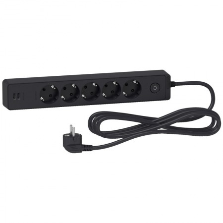 Base 5 enchufes schuko TT + 2 tomas USB con cable 3m antracita SCHNEIDER UNICA