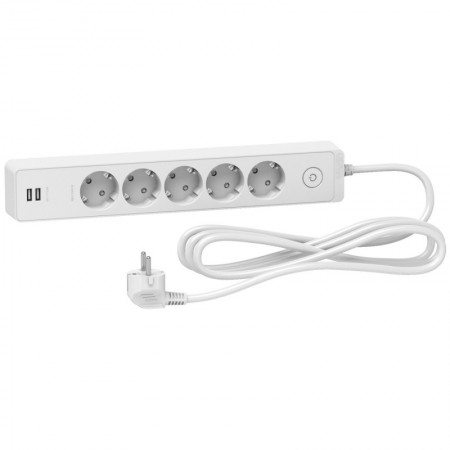 Base 5 enchufes schuko TT + 2 tomas USB con cable 3m blanca SCHNEIDER UNICA