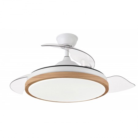 Ventilador de techo blanco/haya 3 aspas desplegables con luz y mando FABRILAMP EVROS Ø107cm