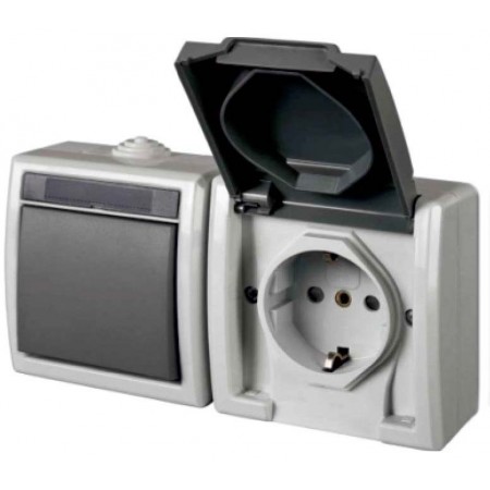 Interruptor conmutador y base enchufe schuko superficie estanco negro VOLTIMERC 16A 250VAC IP55