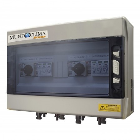Caja protecciones fotovoltaica MUNDOCLIMA SOLAR DC aislada con seccionador y conectores MC4 2 string 600VDC 2 fusibles 15A