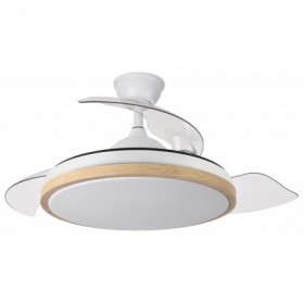 Ventilador de techo blanco/haya 3 aspas desplegables con luz y mando FABRILAMP mini EVROS Ø91cm