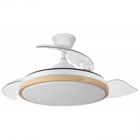 Ventilador de techo blanco/haya 3 aspas desplegables con luz y mando FABRILAMP mini EVROS Ø91cm