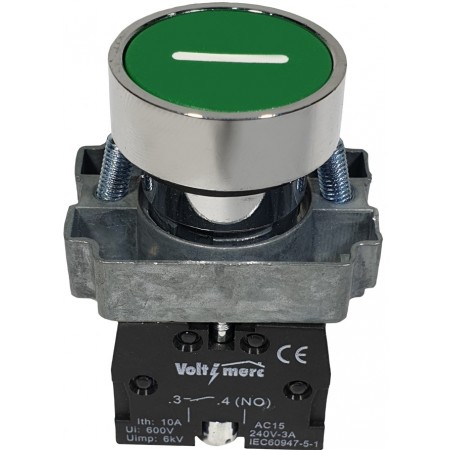 Pulsador para cuadro eléctrico verde con retorno rasante e indicación (I) Ø22mm VOLTIMERC