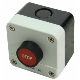 Caja pulsador rojo con indicación STOP VOLTIMERC