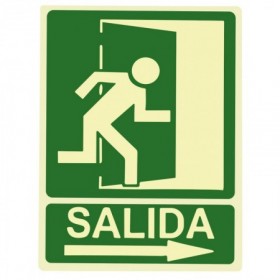 Señal Salida derecha con dibujo y logo sencilla. conforme a Norma UNE-23035