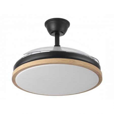 Ventilador de techo negro/haya 3 aspas desplegables con luz y mando FABRILAMP mini EVROS Ø91cm