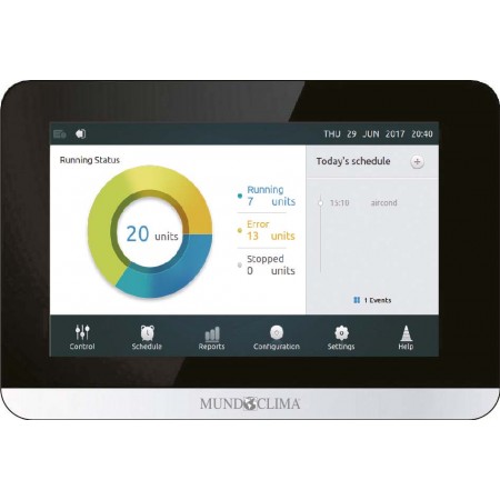Control centralizado táctil de 6.2" para 64 unidades interiores aire acondicionado y 8 sistemas frigoríficos MVD MUNDOCLIMA CCM-
