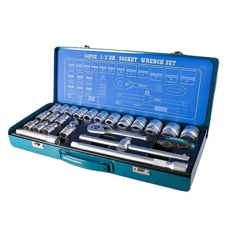 LLAVES CARRACA Y VASOS 24 PZ CAJA METALICA KIT