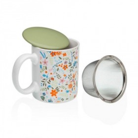 TAZA MUG PORCELANA  TAPA  FILTRO FLOWERS