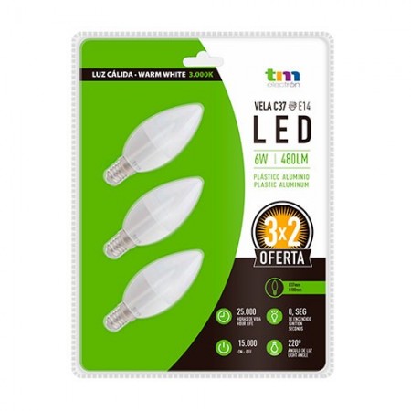 LAM. LED 3x  PA ALUM. C37 E14 6W 3.000K