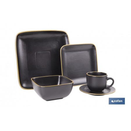 Vajilla de cerámica cuadrada en color negro con borde vintage | Set de 20 piezas | Apta para lavavajillas, microondas y horno