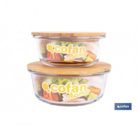 Set de 2 Fiambreras Redondas de Borosilicato | Modelo Bambú | Tapa de Bambú | Capacidad 620-950 ml