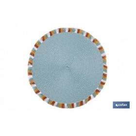 Bajoplatos redondos con flecos de colores | Color: azul | Salvamanteles individuales | Packs de 6 unidades | Diámetro: 38 cm