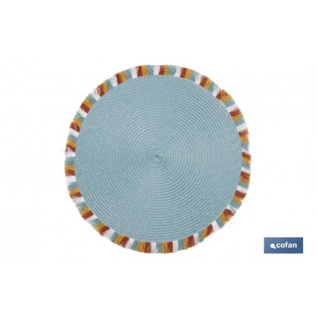 Bajoplatos redondos con flecos de colores | Color: azul | Salvamanteles individuales | Packs de 6 unidades | Diámetro: 38 cm