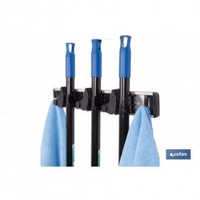 Colgador de escobas y fregonas con 3 soportes y 4 ganchos | Organizador de pared fuerte, práctico y ajustable