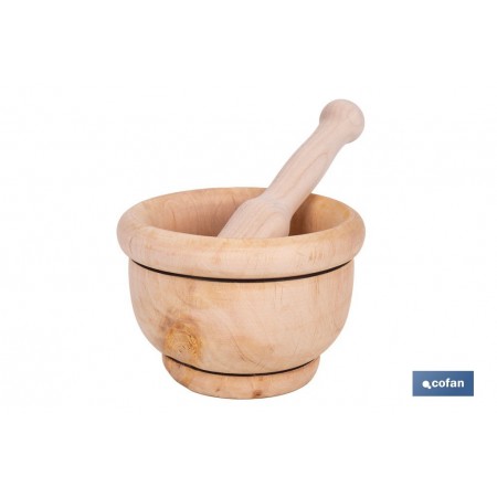 Mortero de madera de abedul con maza. Diámetro: Ø14 cm. Ideal para machacar alimentos