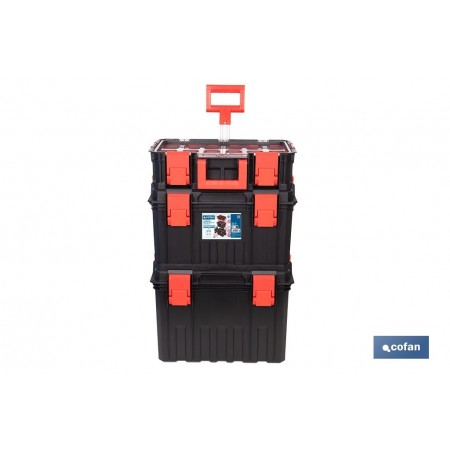 Set modular con 3 cajas de herramientas | Con ruedas, asa telescópica, módulos apilables | Medidas: 53 x 35,5 x 82,5 cm